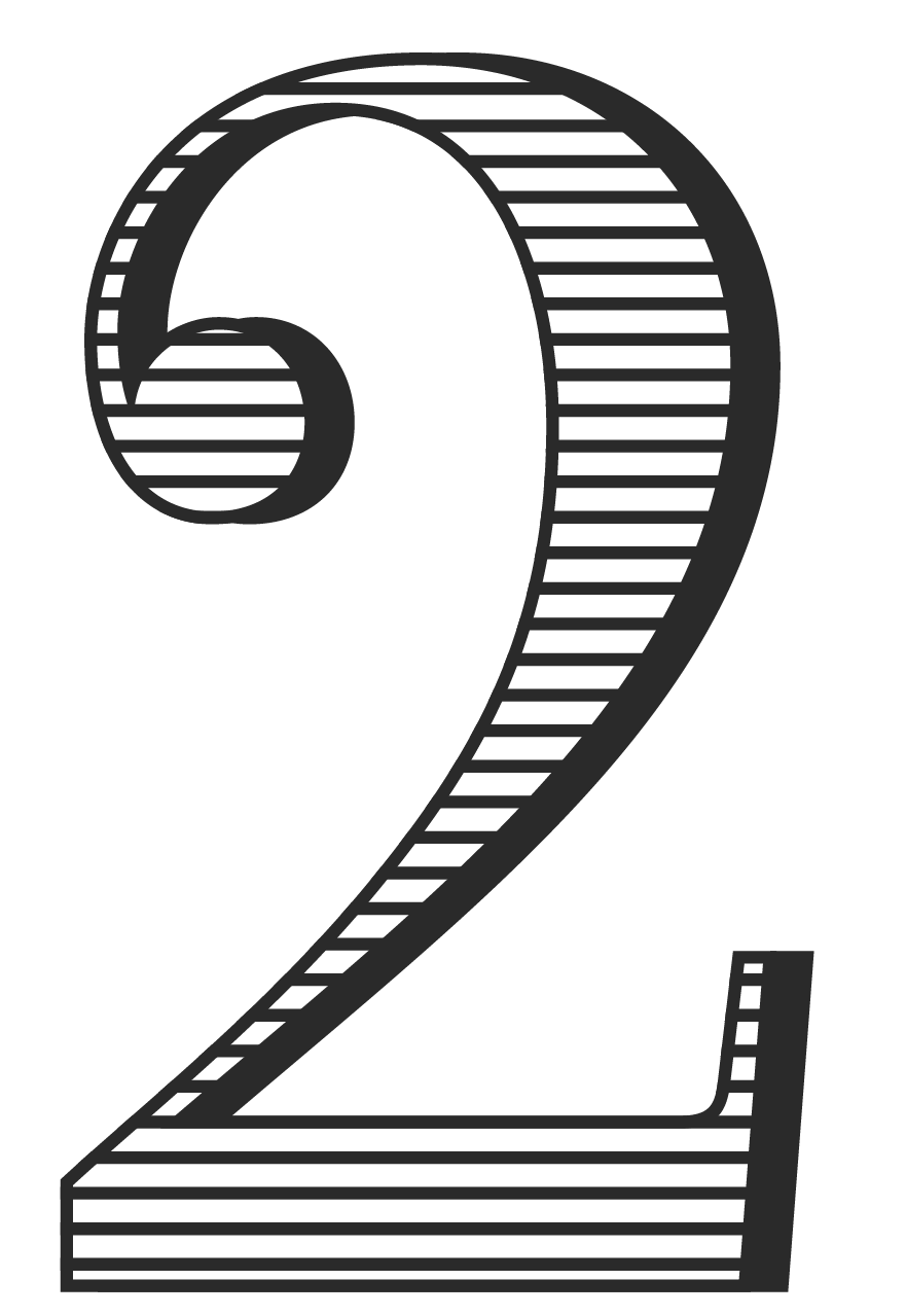 The number 2 illustrated in a black and white line etching style.